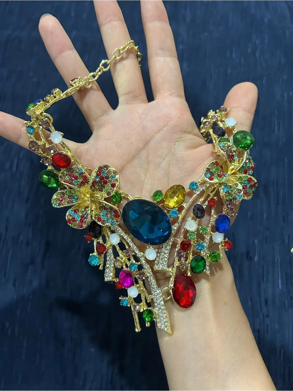 Gold Multicolor Crystal Floral Statement Necklace and Earring Set